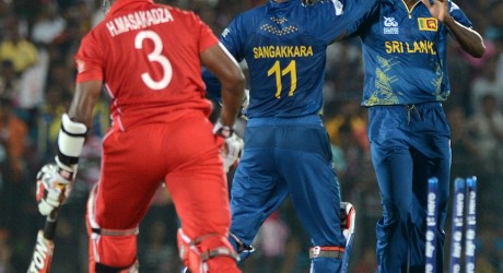 Ajantha Mendis celebrates the wicket of Hamilton Masakadza