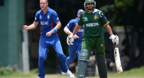 England captain Stuart Broad celebrates dismissing Shahid Afridi of Pakistan during the ICC T20 World Cup Warm Up Match